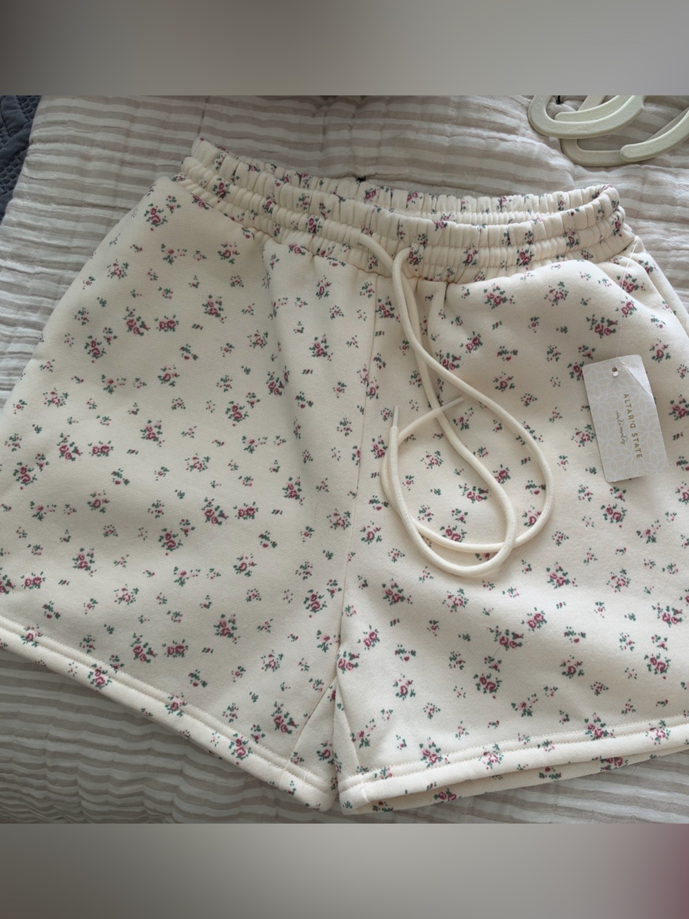 Altar'd State Cream Floral Drawstring Shorts with Pink Accents